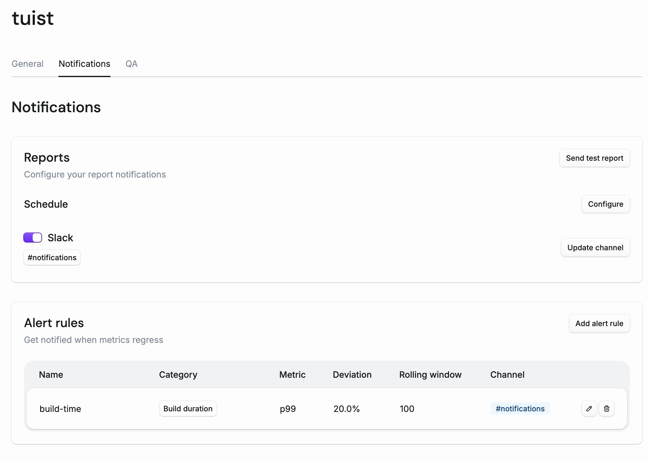 The notifications settings page showing Slack configuration options