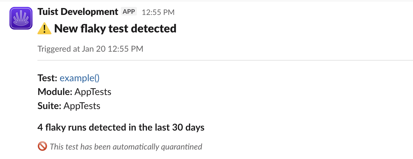 Slack notification showing a new flaky test detected