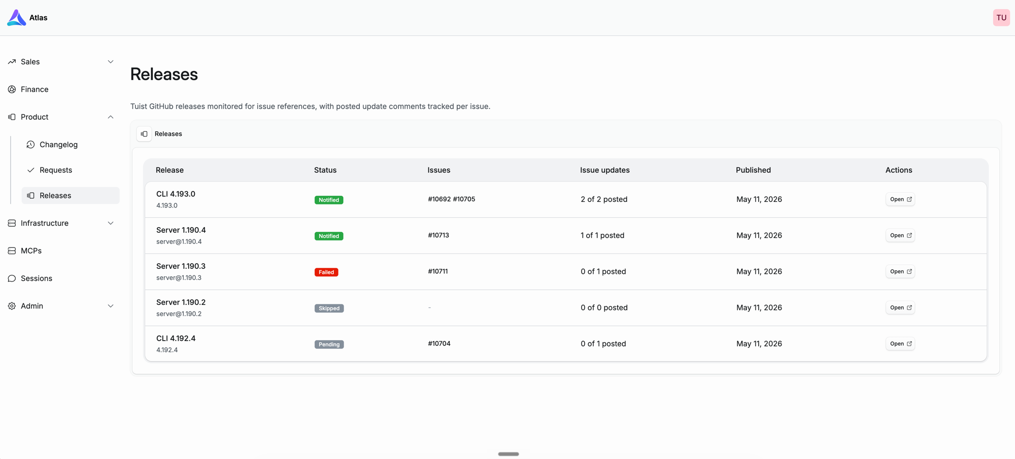 An Atlas releases view listing recent CLI and server releases with their status (notified, failed, skipped, pending), referenced issues, and how many issue updates were posted