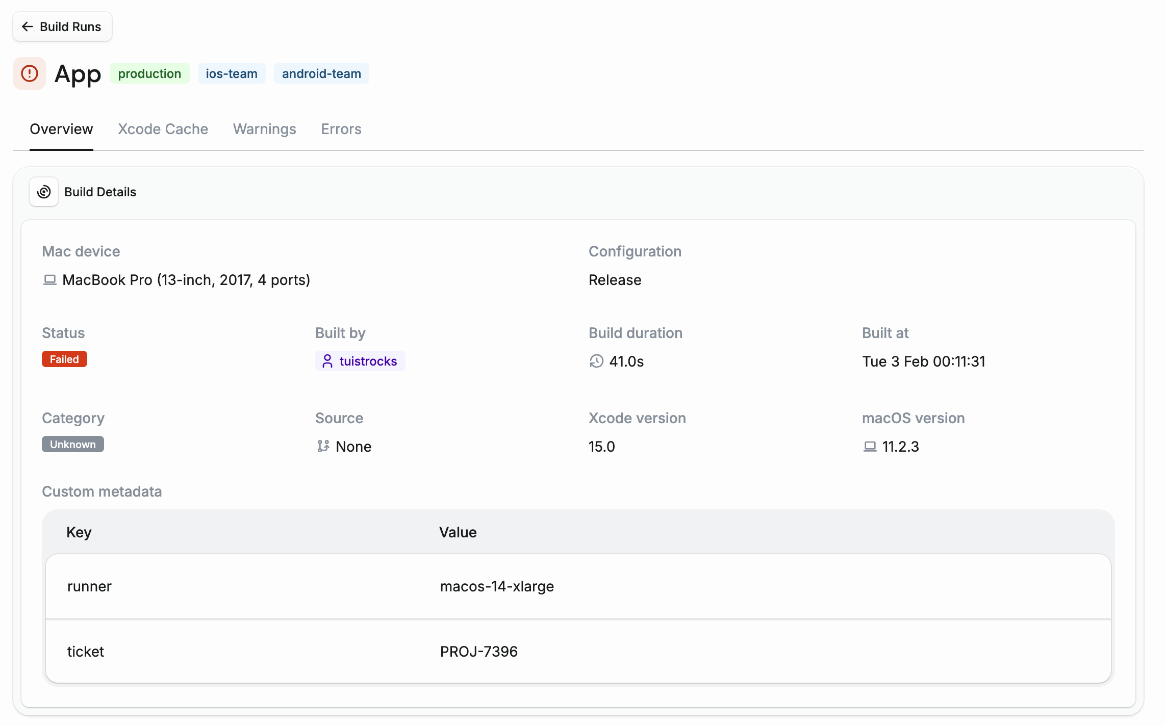 Build detail with tags and custom metadata