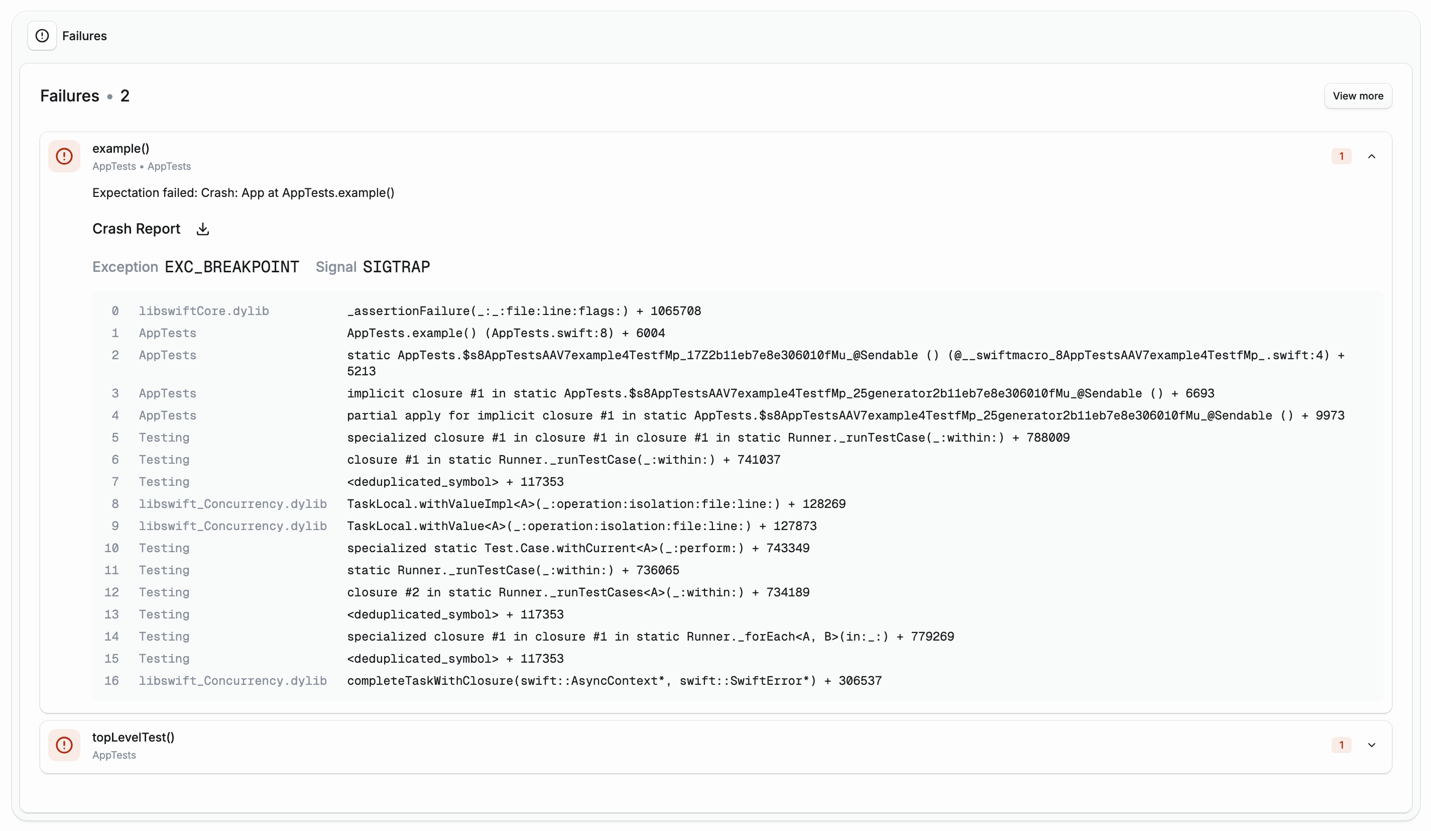 Crash report in test run dashboard