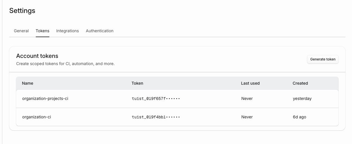 Account token settings in the Tuist dashboard with scoped token creation and existing token details